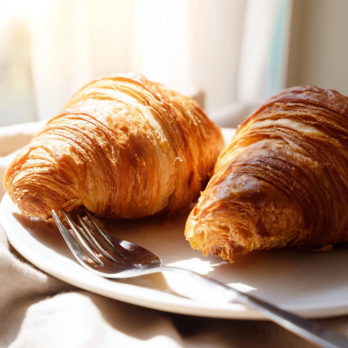A close-up of golden, flaky gluten-free croissants stacked on a rustic wooden board, ready to serve.