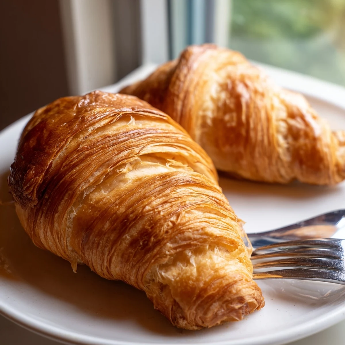 Gluten-free croissants on a white ceramic plate, with a jar of jam and a cup of coffee nearby.