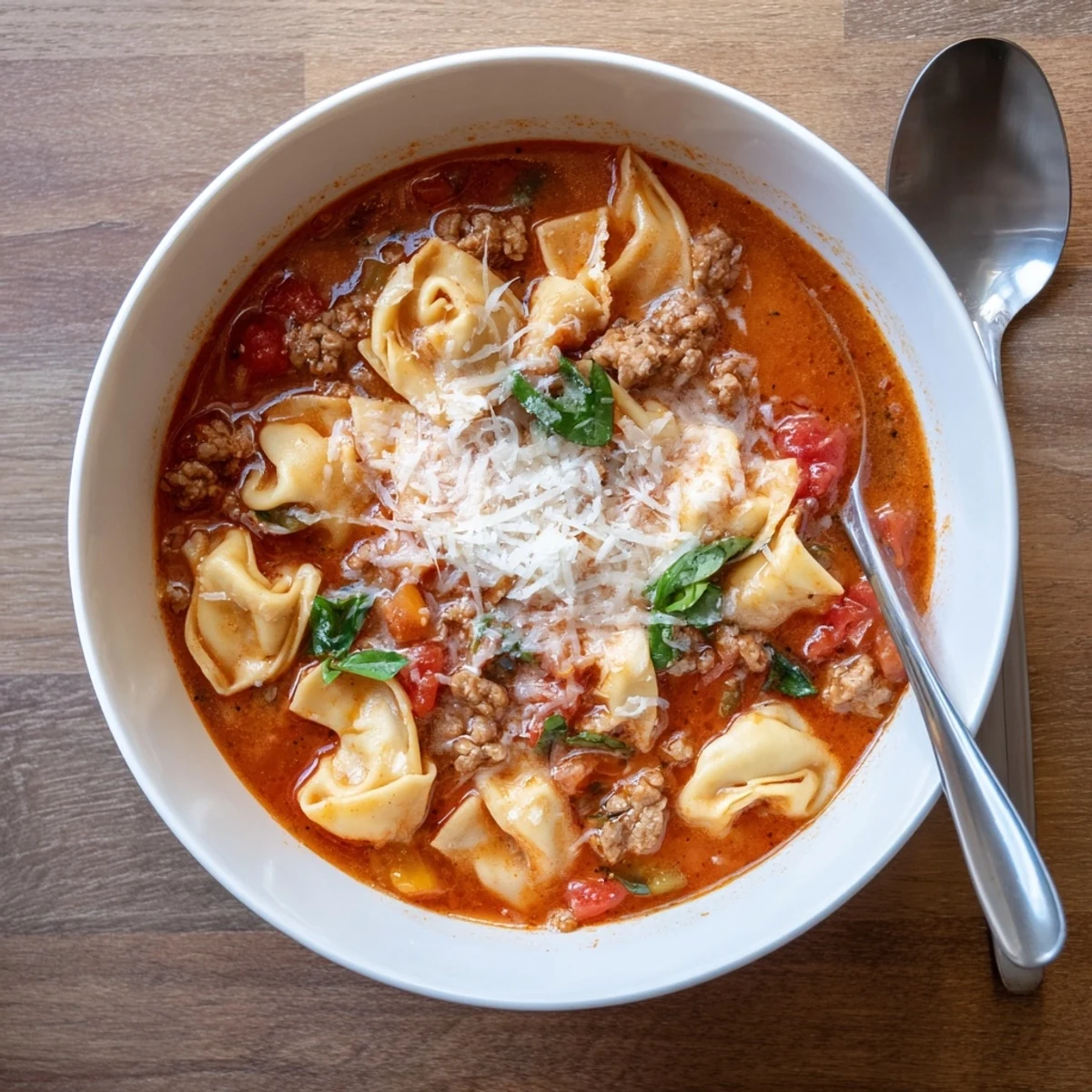A hearty bowl of Lasagna Soup with Tortellini, featuring Italian sausage, melty mozzarella, and fresh basil garnish for serving.