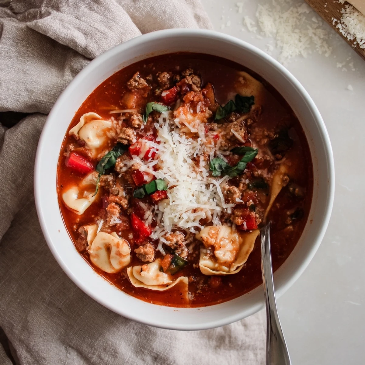 Steaming Lasagna Soup with Tortellini ladled from a pot, with rich tomato broth, cheesy pasta, and crusty bread on the side.