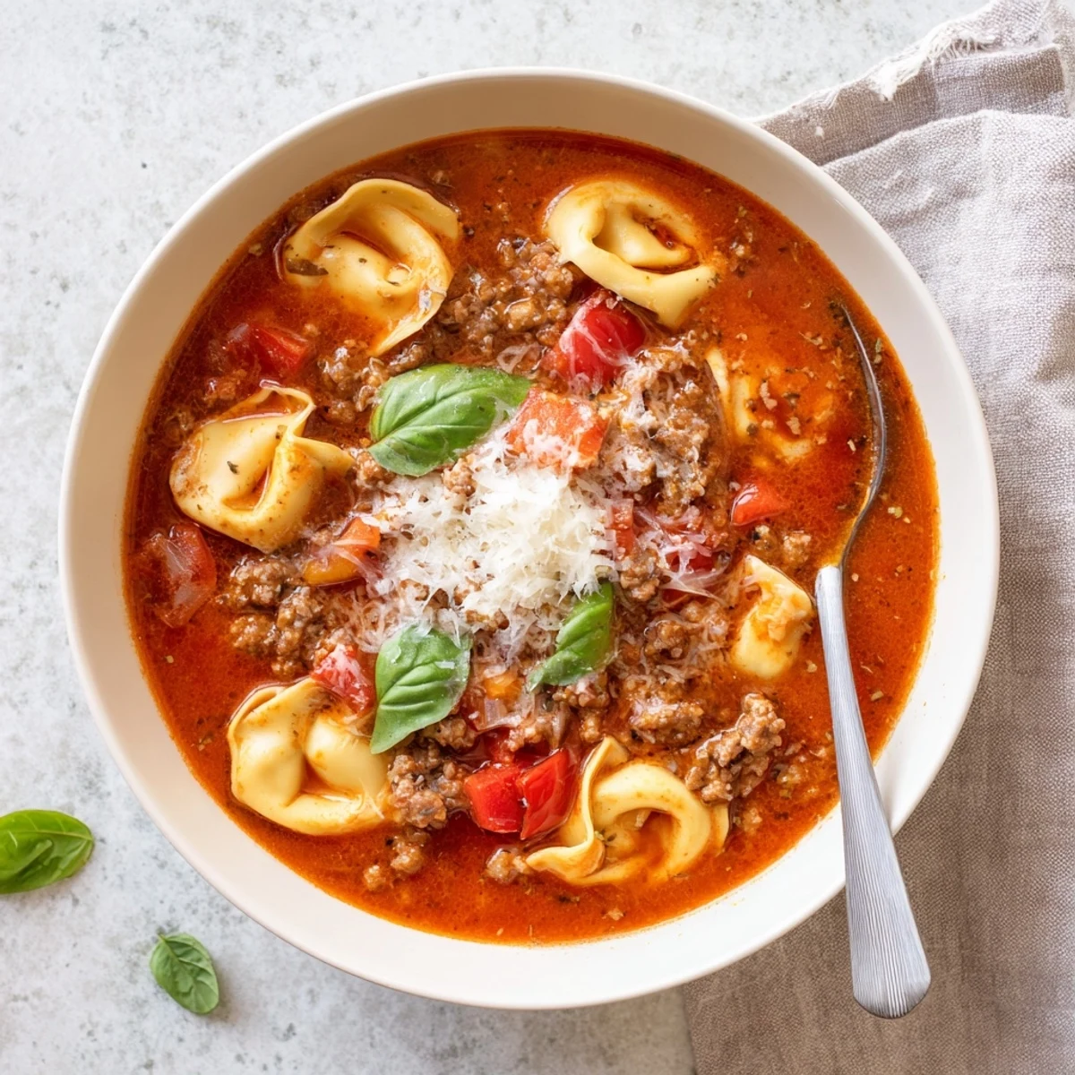 Close-up view of Lasagna Soup with Tortellini, highlighting red pepper flakes, grated Parmesan, and colorful vegetables in a cozy setting.