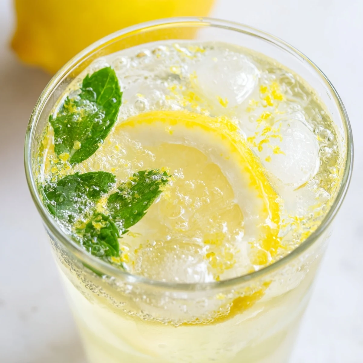 Freshly squeezed lemon juice and sparkling water create a vibrant Easy Limoncello Mocktail Refreshing Drink in a clear glass with mint.