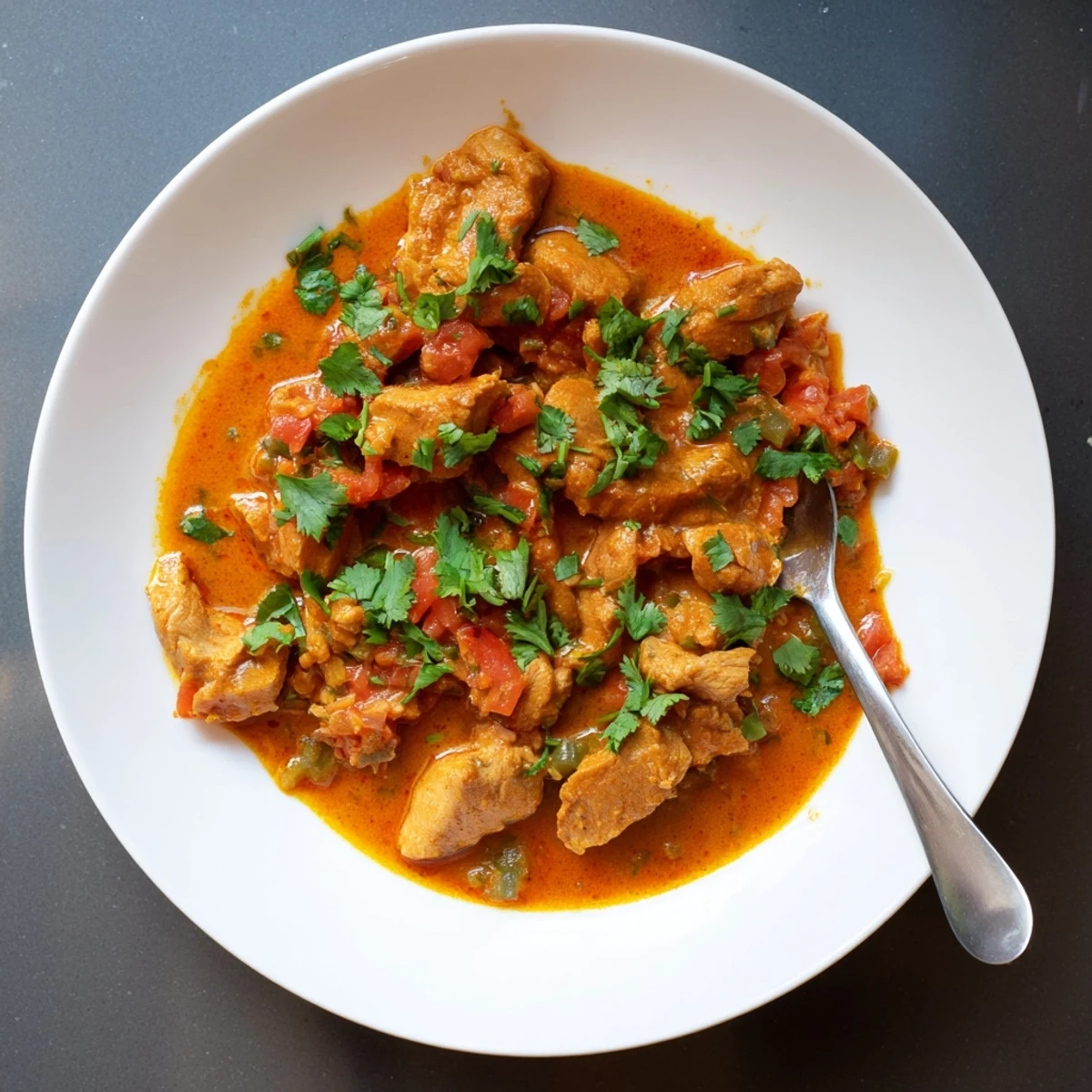 A close-up of Spiced Chicken Curry with Ginger, Garlic & Jalapeño simmering in a rustic pot, garnished with fresh cilantro, ready to serve with fluffy basmati rice.