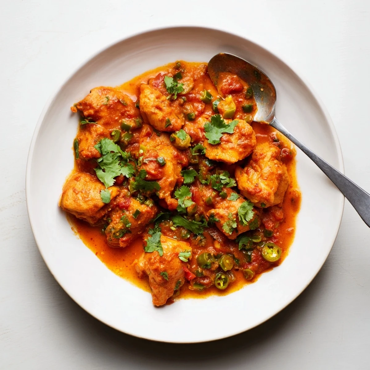 Overhead view of Spiced Chicken Curry with Ginger, Garlic & Jalapeño in a white ceramic bowl, showing tender chicken chunks in a rich golden-orange sauce, accompanied by warm naan bread.
