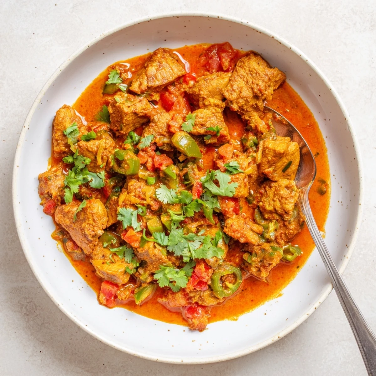 Vibrant bowl of Spiced Chicken Curry with Ginger, Garlic & Jalapeño topped with chopped cilantro, steam rising from the aromatic, spicy dish on a textured wooden table.