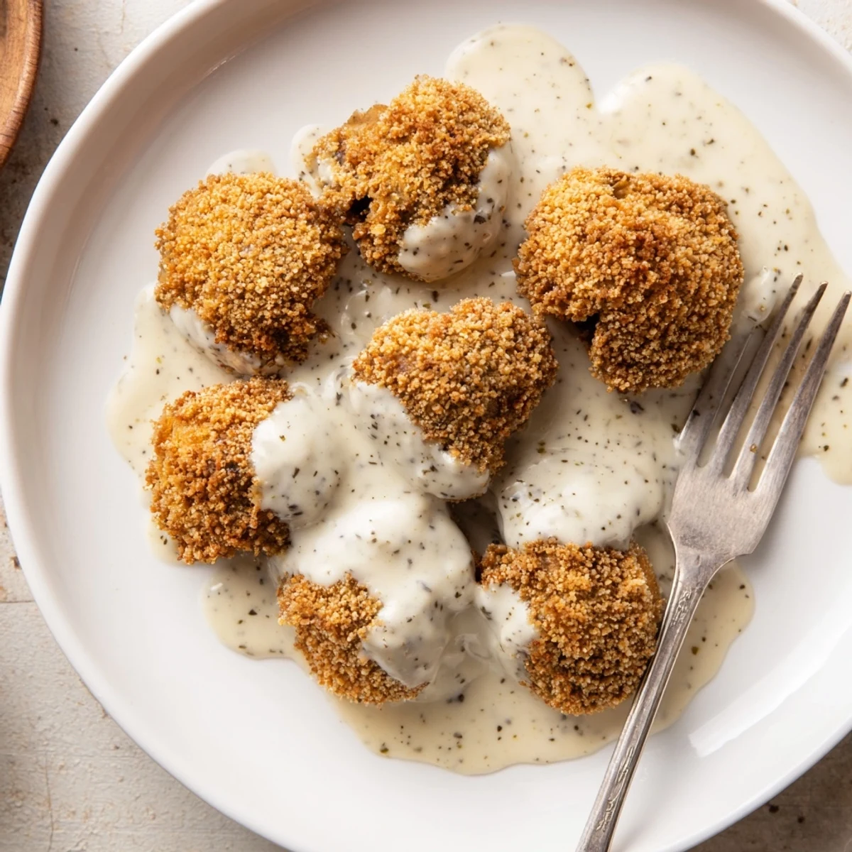 Crispy golden fried mushrooms drizzled with creamy peppery gravy on a rustic plate