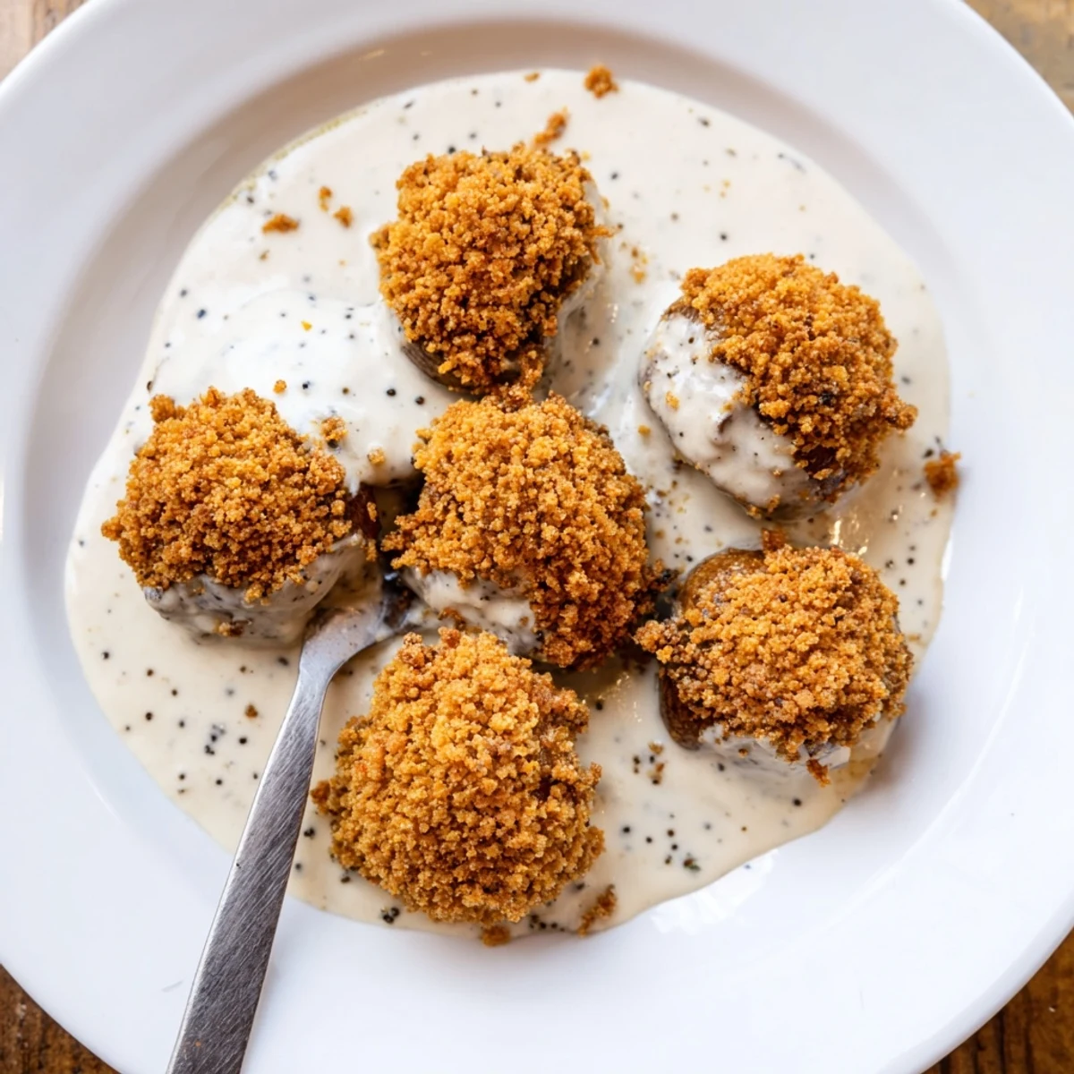 Golden fried mushrooms topped with rich gravy beside mashed potatoes on a dinner table