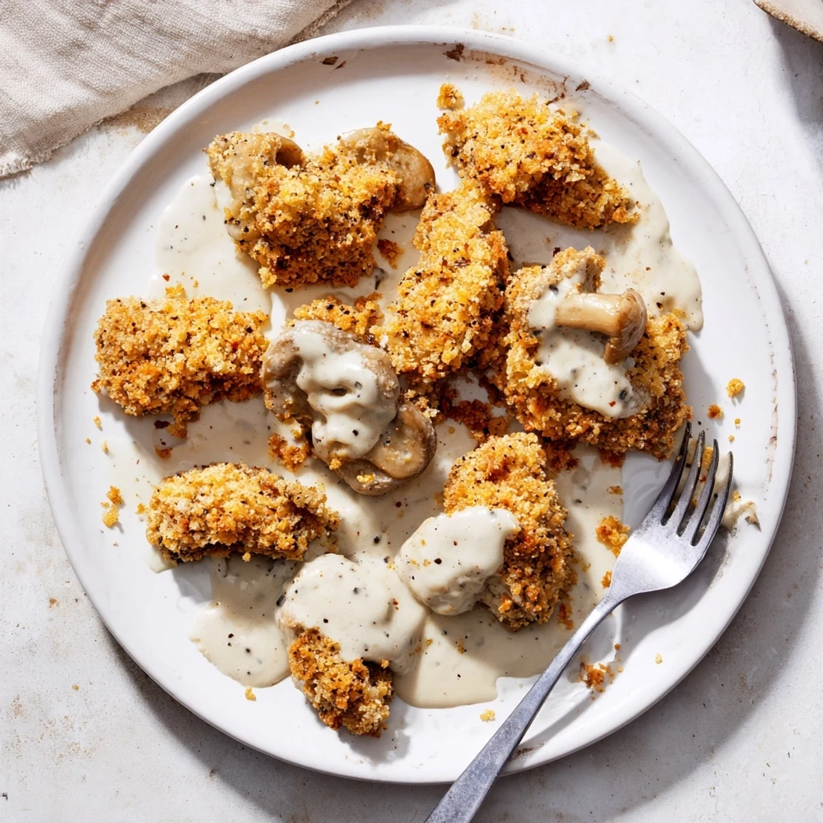 Freshly cooked mushroom bites smothered in peppery gravy ready for a vegetarian feast