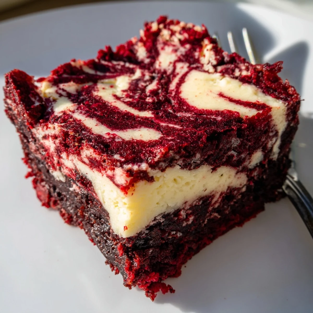 A close-up view highlights the marbled red and white swirls of Red Velvet Cheesecake Brownies.