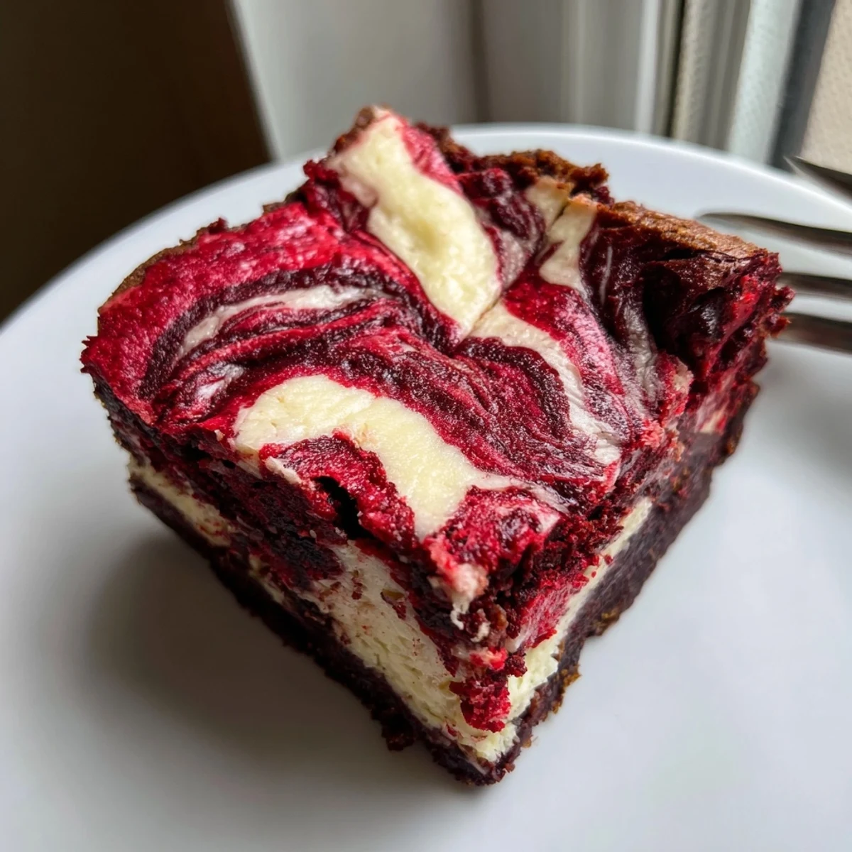 The image shows a stack of fudgy Red Velvet Cheesecake Brownies cut into squares.