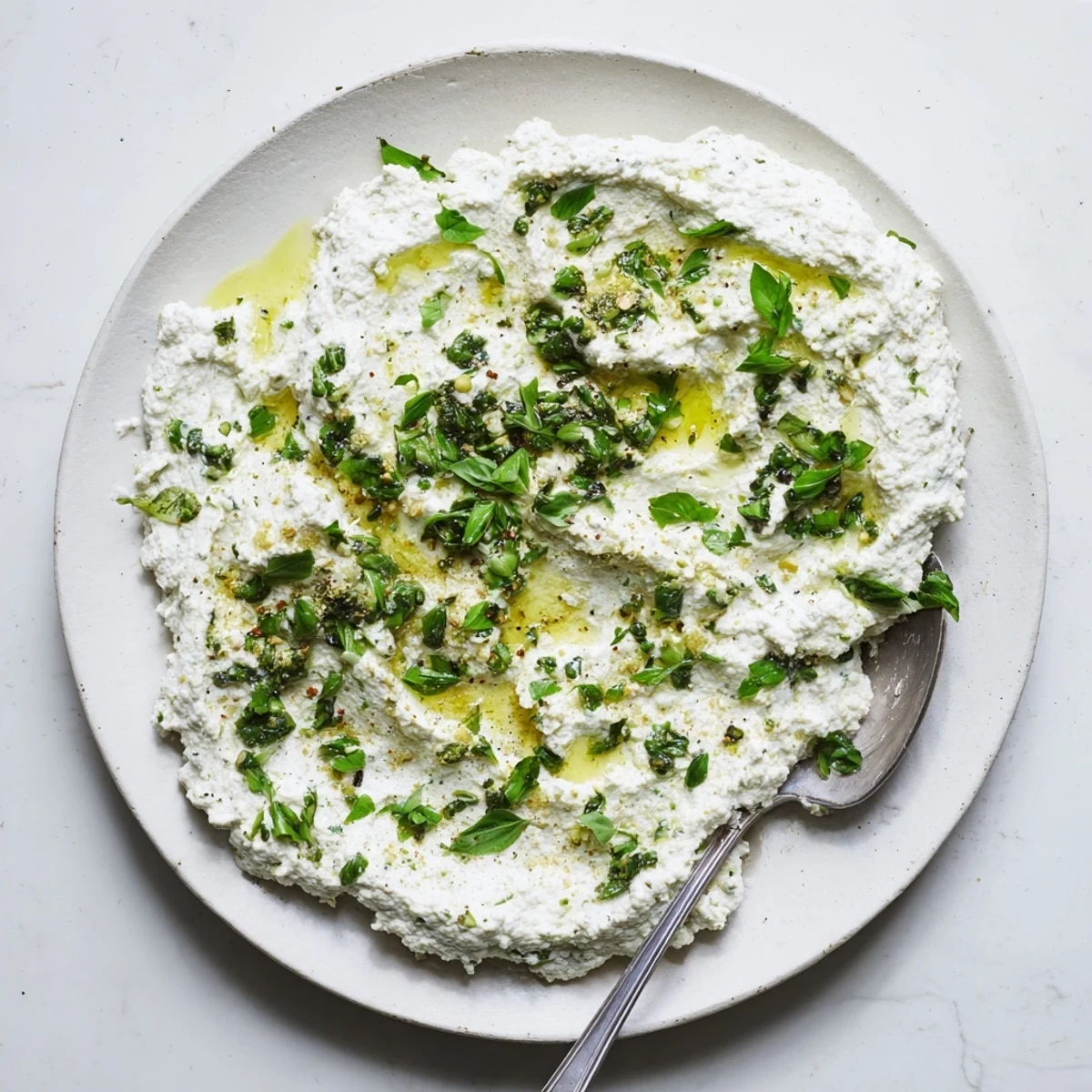 Creamy Tofu Ricotta with lemon and herbs, shown in a ceramic bowl ready for vegan lasagna.