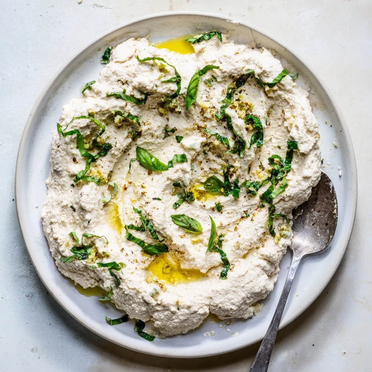 Close-up of Tofu Ricotta spread on toast, a dairy-free Italian-inspired topping with a savory aroma.