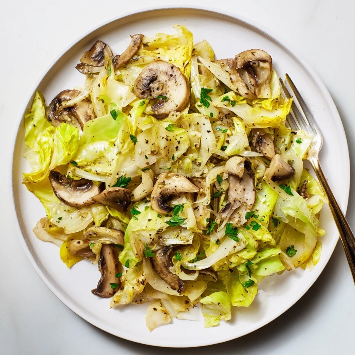 The ingredients for vegetarian cabbage mushroom sauté are sizzling together in a hot pan, creating a colorful and savory dish.