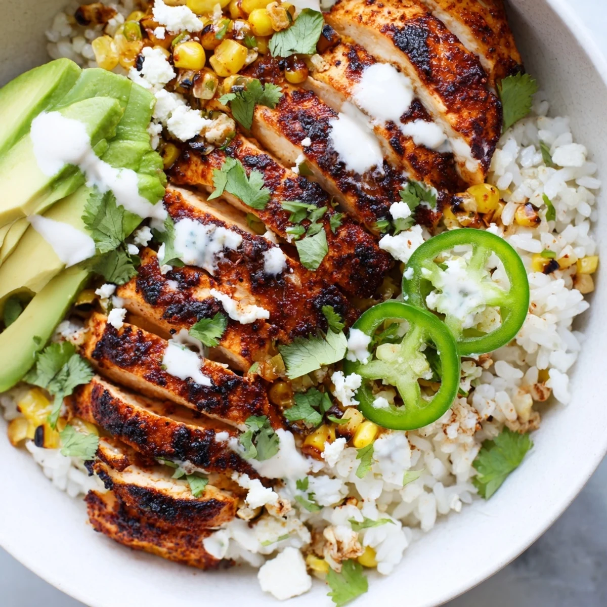 A colorful serving of Mexican-inspired Street Corn Chicken Bowl with fluffy rice base, tender chicken, and fresh toppings like avocado, cilantro, and cotija cheese ready to enjoy.