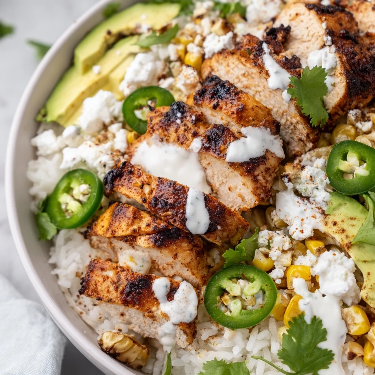 Close-up view of a Street Corn Chicken Bowl showing juicy grilled chicken, smoky corn kernels, and a drizzle of lime crema with jalapeño and green onions on top.