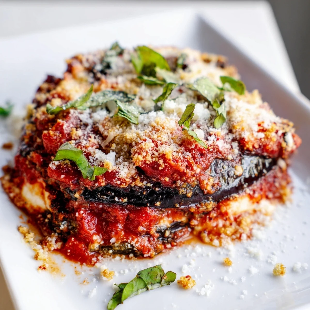 Golden, bubbling layers of Charred Aubergine Parmigiana with melted mozzarella and rich tomato sauce in a baking dish.