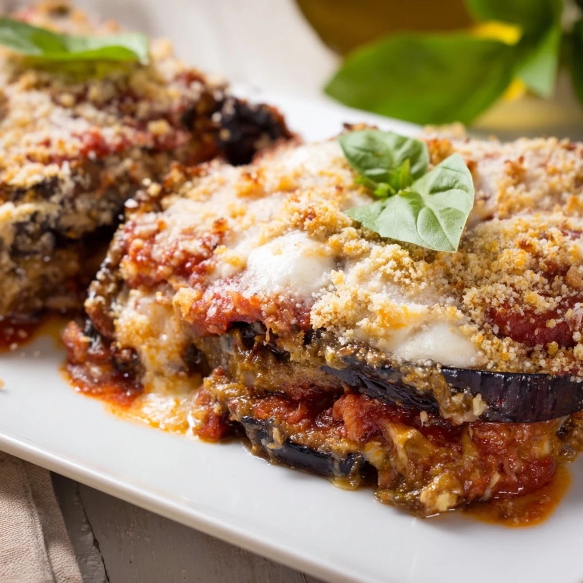 Smoky grilled aubergine slices arranged in Charred Aubergine Parmigiana, topped with fresh basil and served alongside crusty bread.