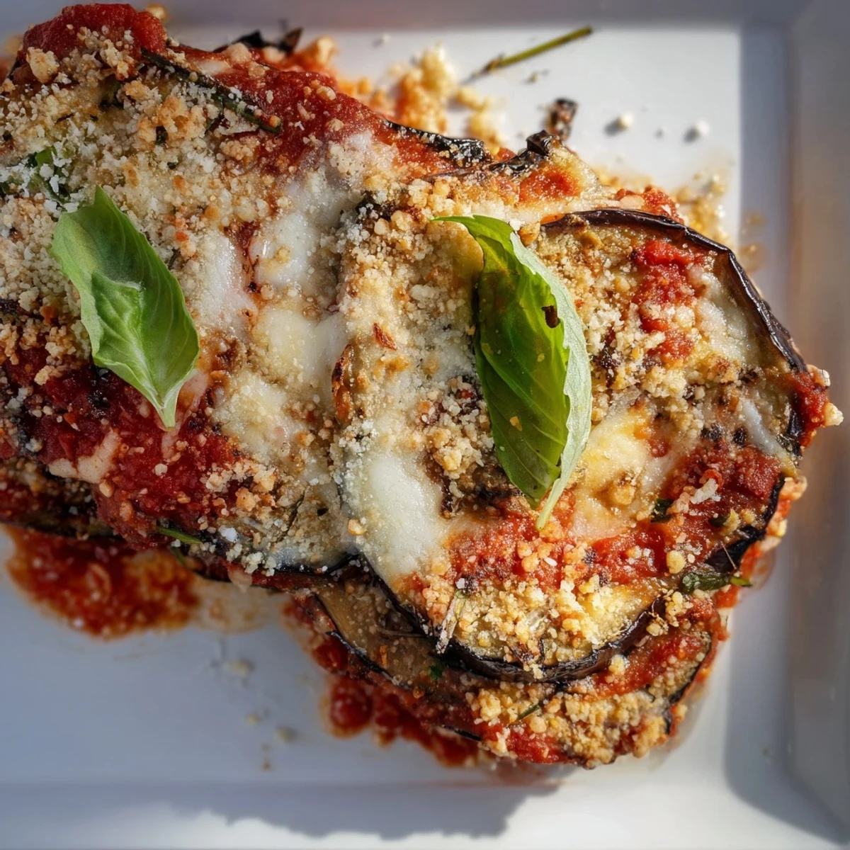 A close-up of Charred Aubergine Parmigiana, revealing golden Parmesan crust and creamy mozzarella on tender eggplant layers.