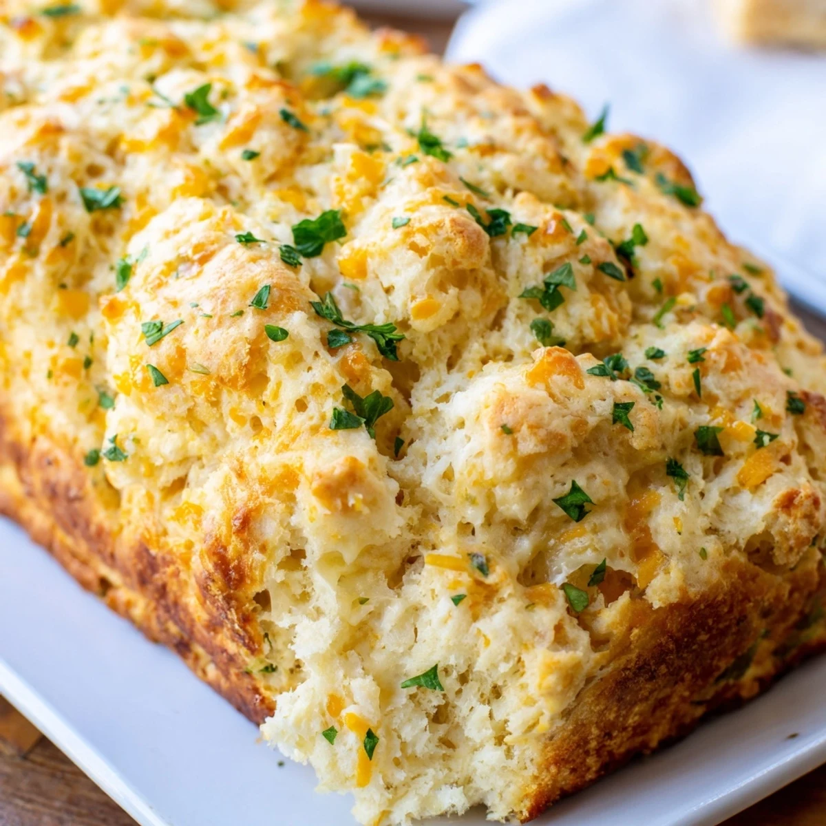 Freshly baked Red Lobsters Cheddar Bay Biscuit Loaf with a golden top, brushed in garlic butter and fresh parsley.
