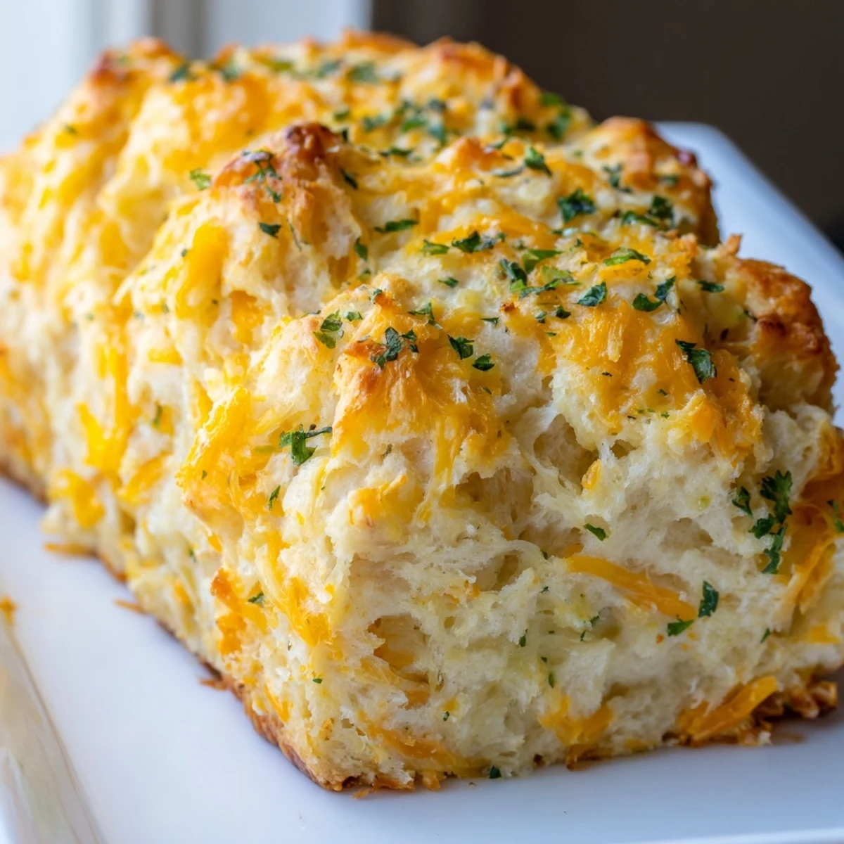 Warm Red Lobsters Cheddar Bay Biscuit Loaf rests on a wooden board, showcasing melted sharp cheddar and aromatic herbs.