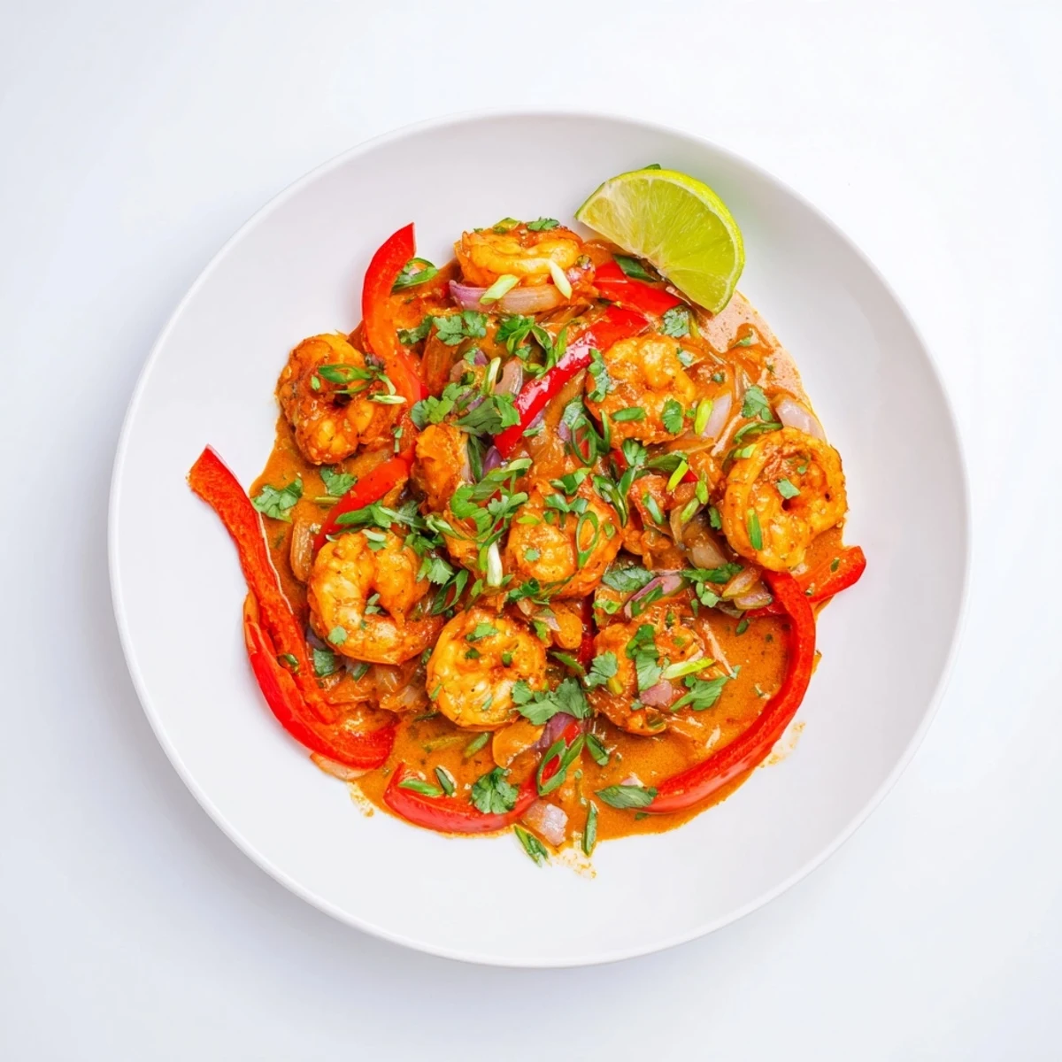Creamy Coconut Shrimp Buffet Style garnished with fresh cilantro and lime wedges, served hot in a skillet.