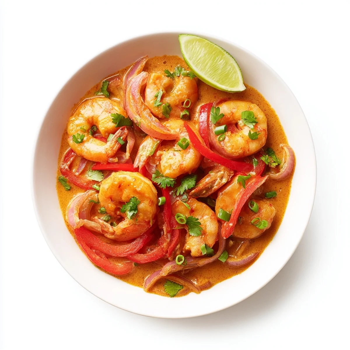 A plate of Creamy Coconut Shrimp Buffet Style with tender shrimp in a rich coconut sauce over fluffy rice.