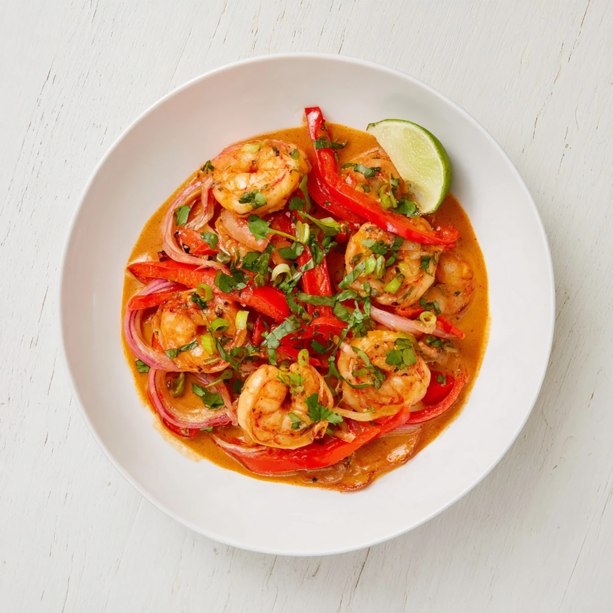 Creamy Coconut Shrimp Buffet Style features vibrant red peppers and a luscious sauce in a festive buffet presentation.