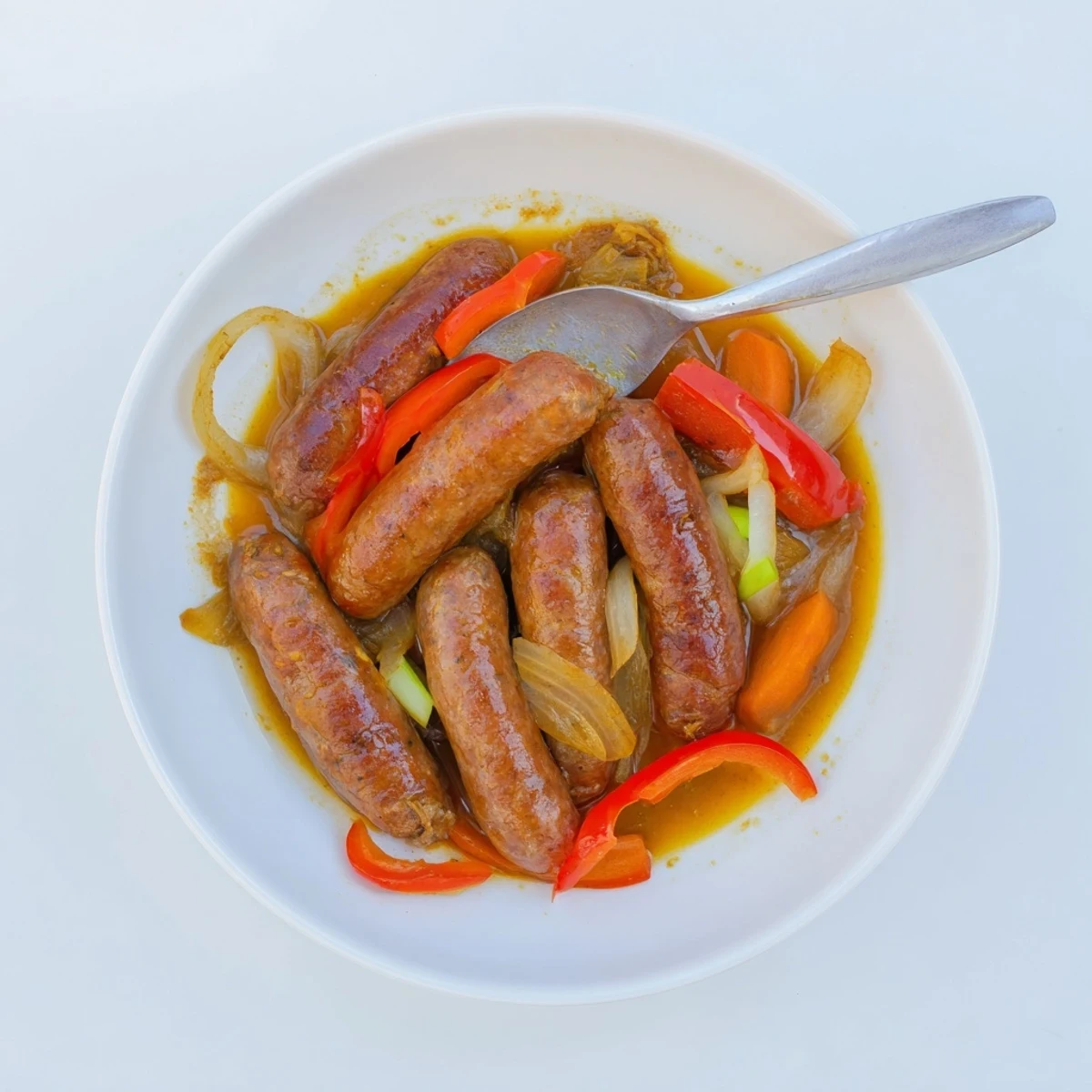 Golden brown sausages simmer in a sweet and savoury sausage curry with tender bell peppers and aromatic spices.