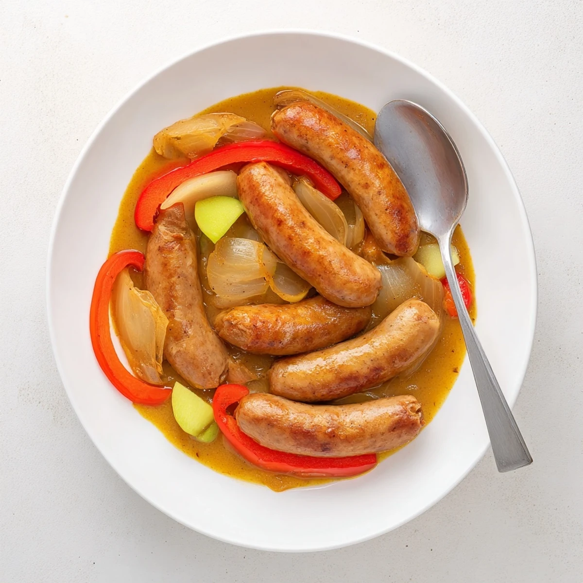 This easy sweet and savoury sausage curry is served hot over fluffy rice, garnished with a swirl of yogurt.