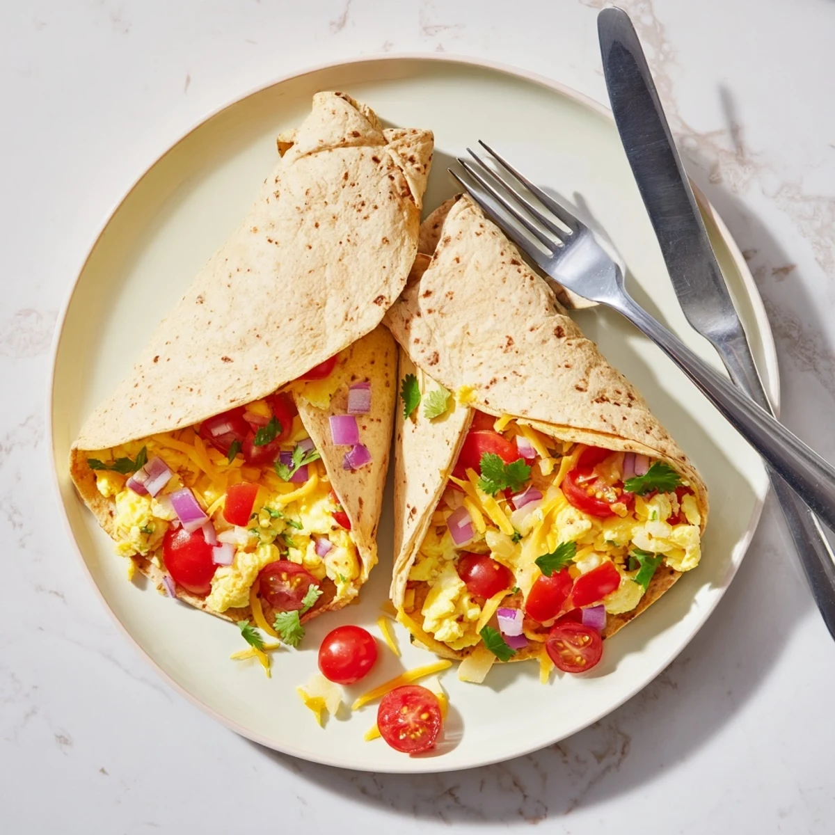 A close-up of Tex Mex Egg Tortilla Pockets served on a plate, garnished with fresh cilantro and a side of salsa.