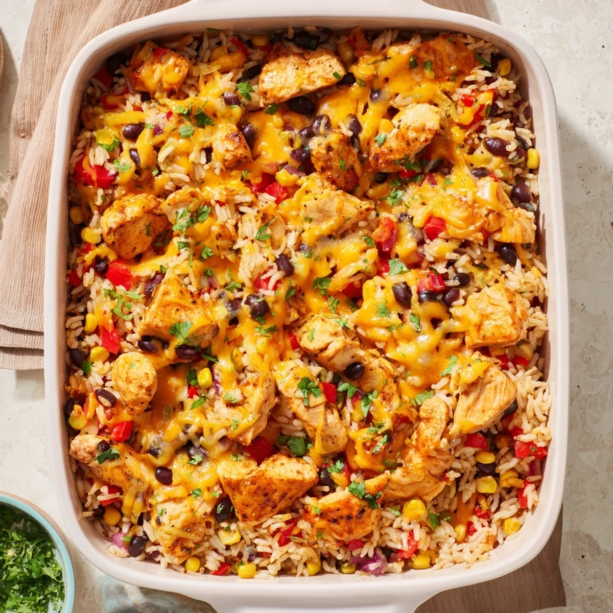 Golden, bubbly Mexican Chicken and Rice Bake fresh from the oven, garnished with cilantro and jalapenos.