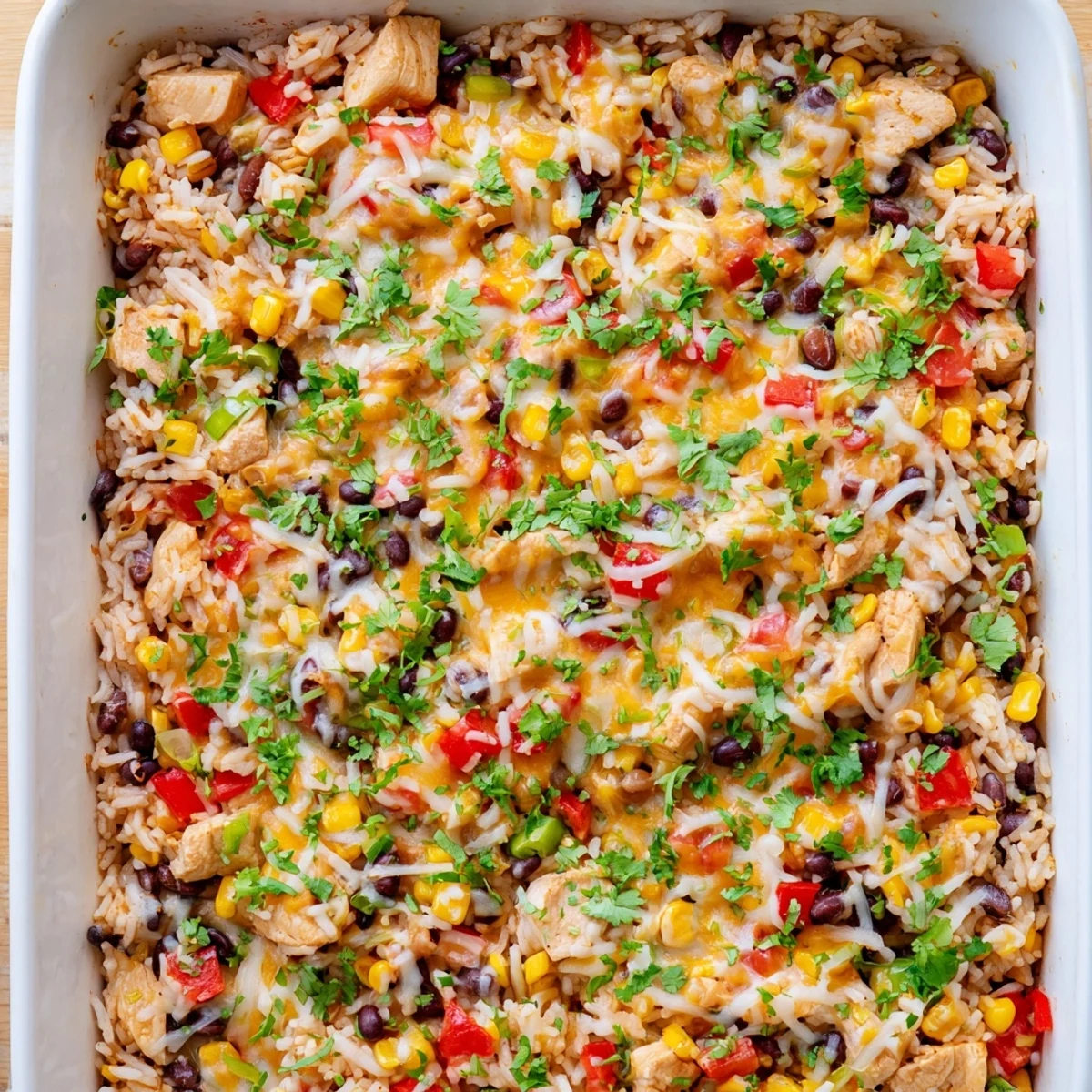 Spoon a cheesy serving of Mexican Chicken and Rice Bake onto a plate with lime wedges.