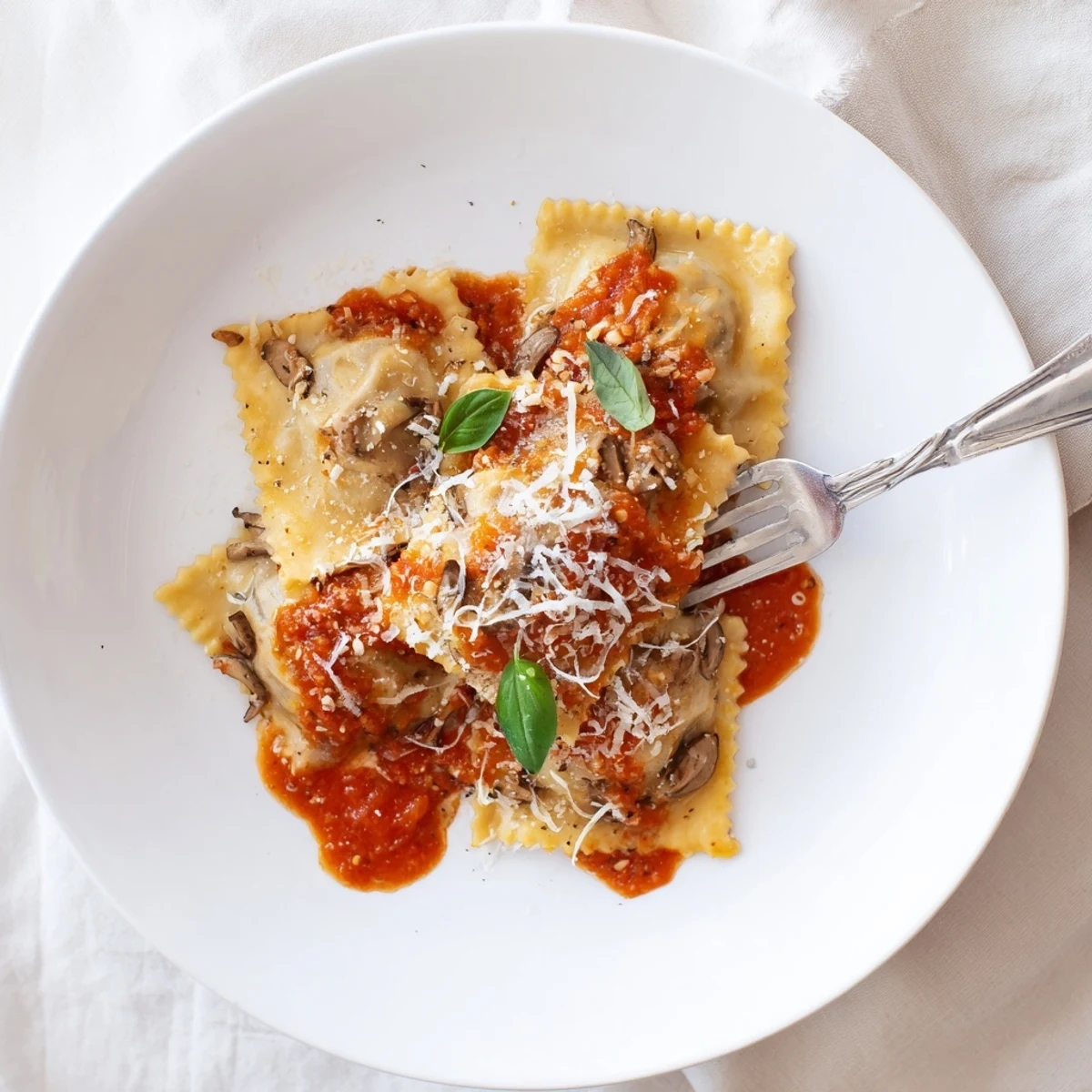 Plate of Chicken and Mushroom Ravioli with Simple Tomato Sauce, served alongside a crisp green salad and a glass of red wine.