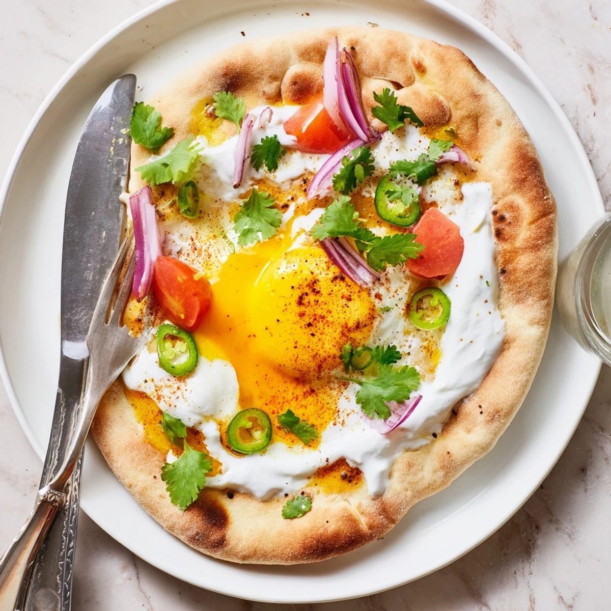 Spiced curried fried eggs rest on warm, buttery naan, finished with a cool yogurt drizzle and fresh cilantro for a vibrant Indian-inspired breakfast.