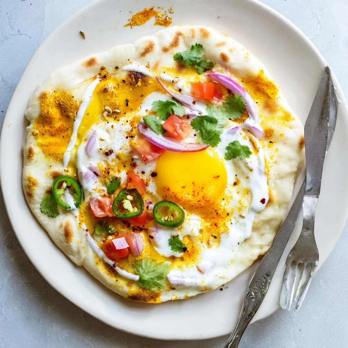 Golden curried fried eggs on a toasted naan base topped with diced tomatoes, red onion, and a tangy yogurt sauce for a flavorful brunch plate.