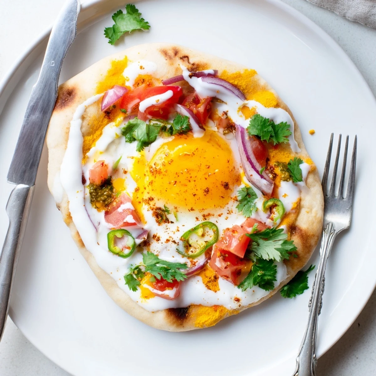 Fresh herbs and a bright yogurt drizzle crown curried fried eggs served on warm naan, with optional sliced green chili for extra heat.