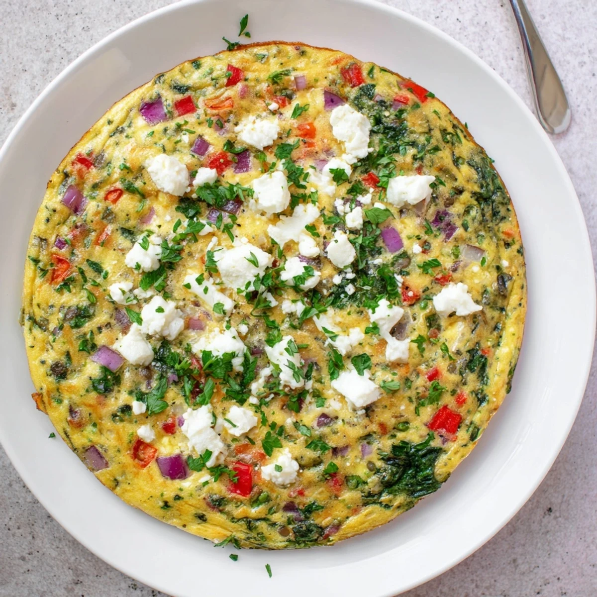 Freshly baked Healthy Lentil and Feta Frittata with golden eggs, wilted spinach, and creamy feta cheese served in a rustic skillet.
