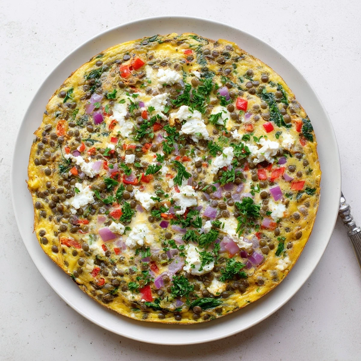 Sliced wedges of Healthy Lentil and Feta Frittata reveal red peppers and lentils, plated with a fresh green side salad.