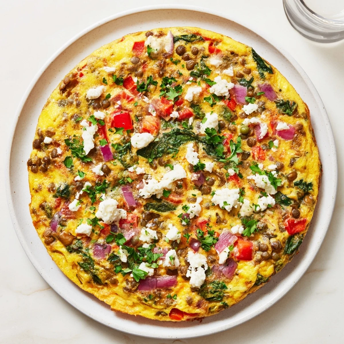 Warm Healthy Lentil and Feta Frittata topped with parsley and crumbled feta, ready to enjoy as a wholesome vegetarian dinner.