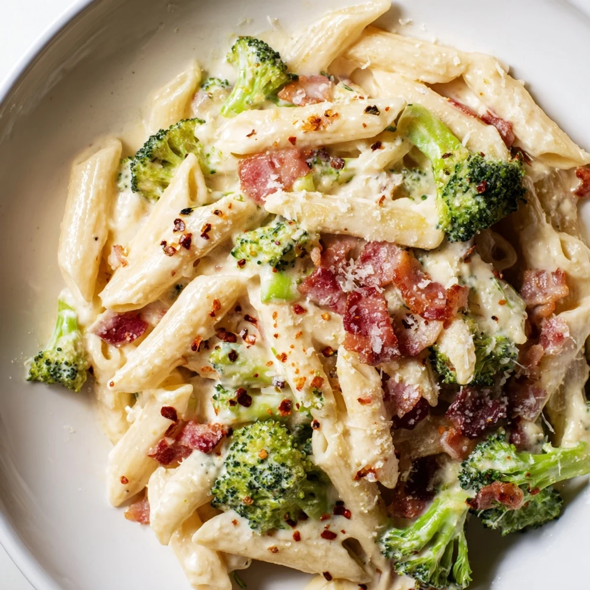 Creamy Bacon Broccoli and Parmesan Pasta served steaming in a white bowl, garnished with extra cheese.
