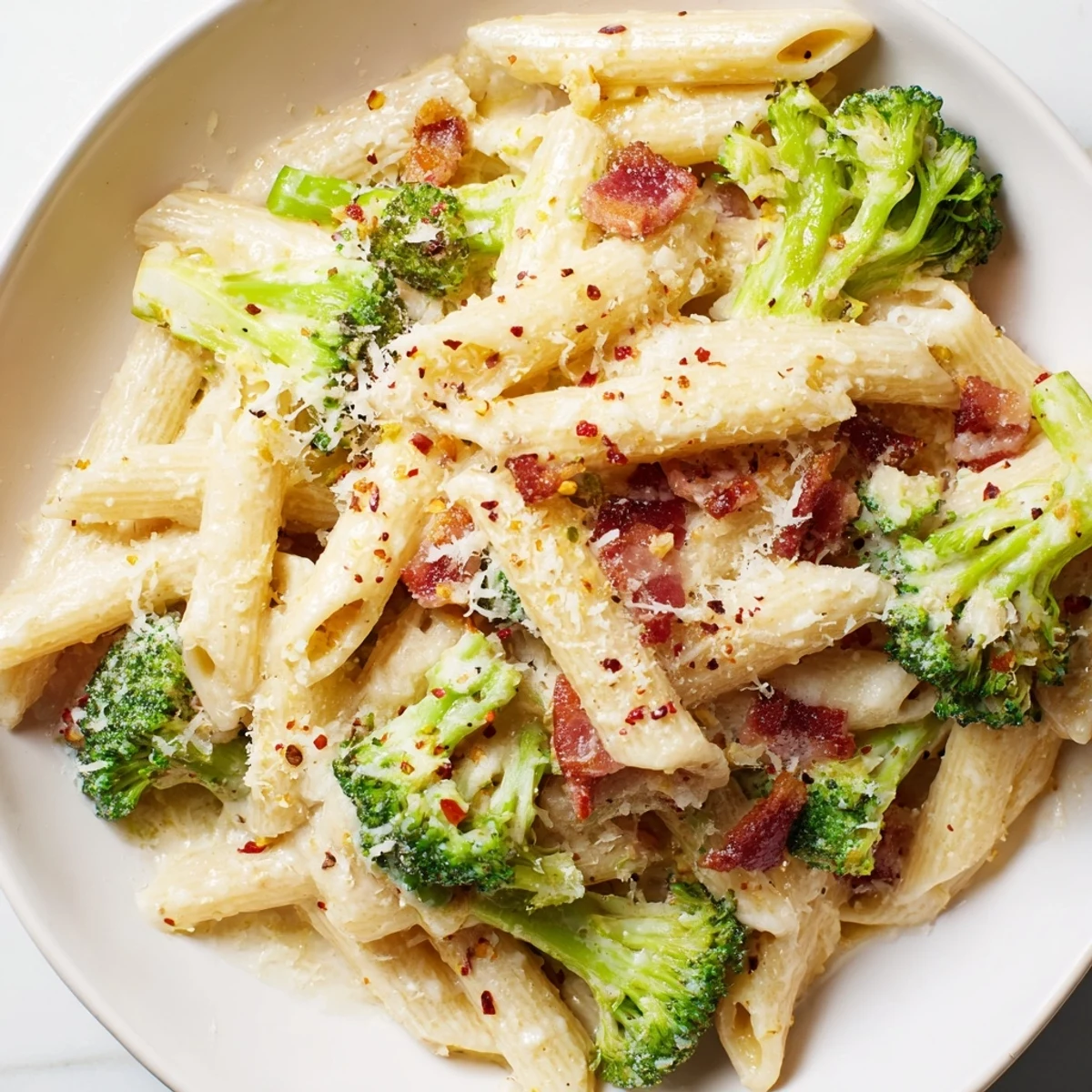 Sizzling Bacon Broccoli and Parmesan Pasta in a skillet, ready to serve with garlic bread on the side.