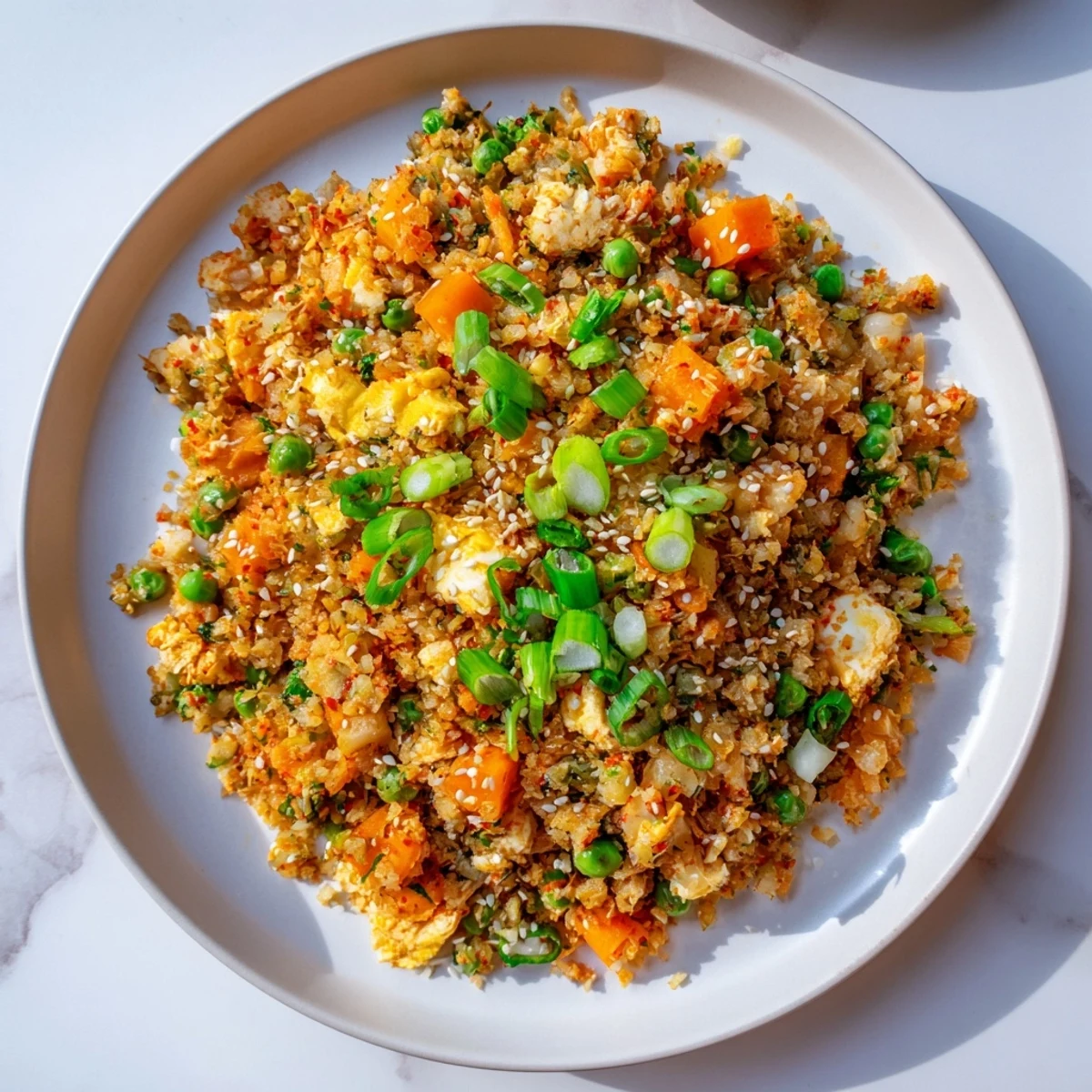 Scrambled eggs and spicy kimchi mixed into golden cauliflower rice, garnished with fresh green onions.