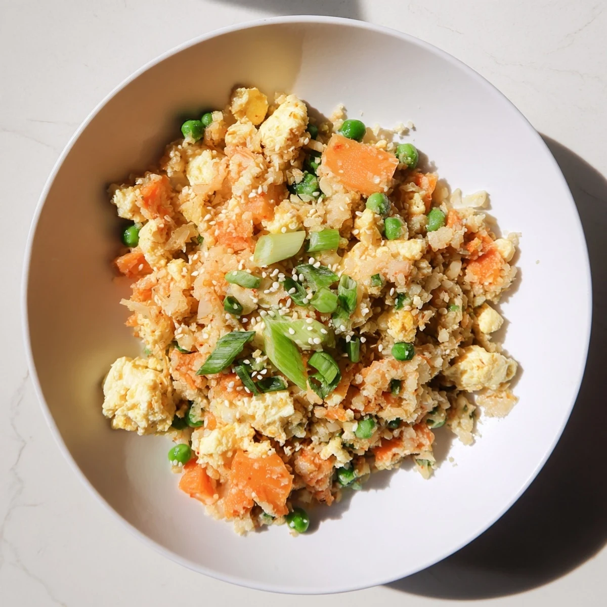 Cauliflower fried rice with kimchi and eggs piled high in a white bowl with sesame seeds.
