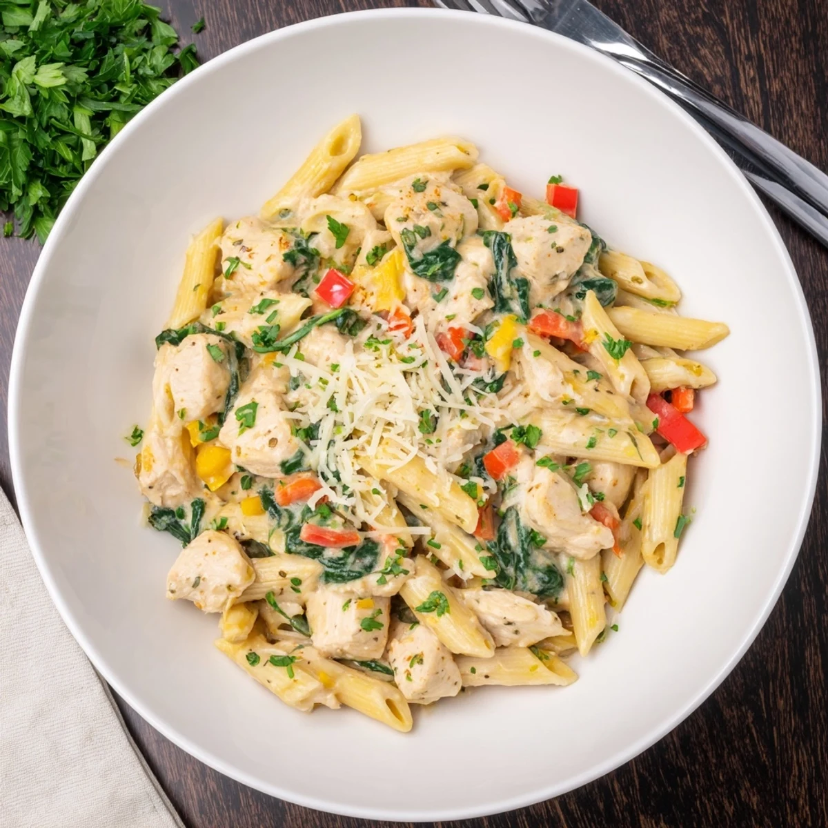 Creamy chicken pasta simmering in a deep skillet with vibrant red bell peppers and wilted spinach.