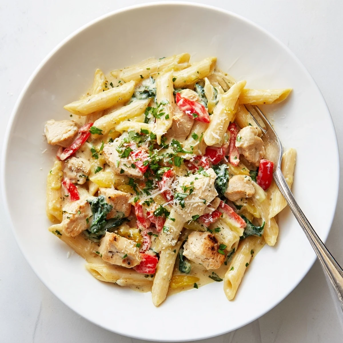 Golden-brown chicken pieces and penne pasta coated in a luscious, creamy sauce in a single pan.
