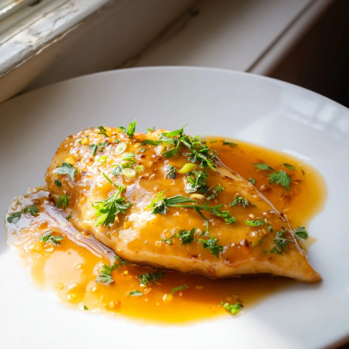 A close-up of Classic Apricot Chicken garnished with fresh parsley and sliced green onions, served beside fluffy white rice.