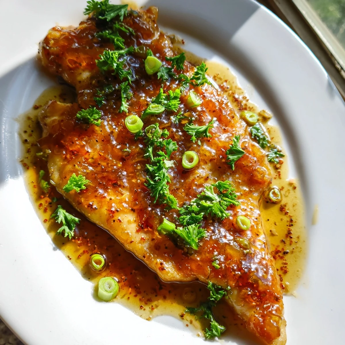 Golden brown Classic Apricot Chicken breasts simmering in a glossy, sticky apricot sauce in an oven-safe skillet.