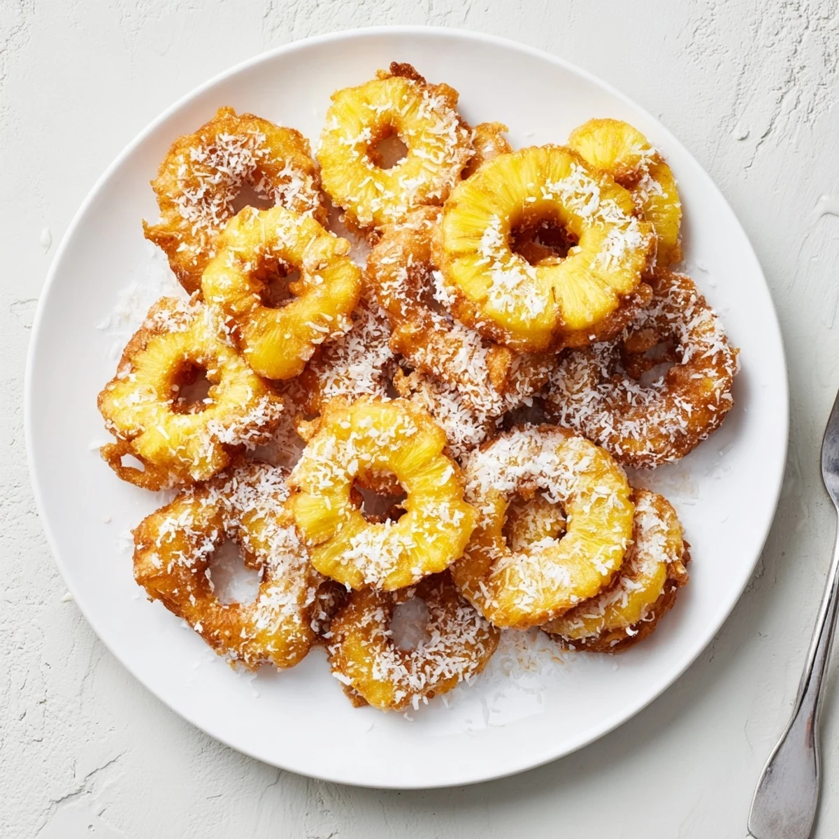 Golden pineapple fritters dusted with powdered sugar on a white serving plate