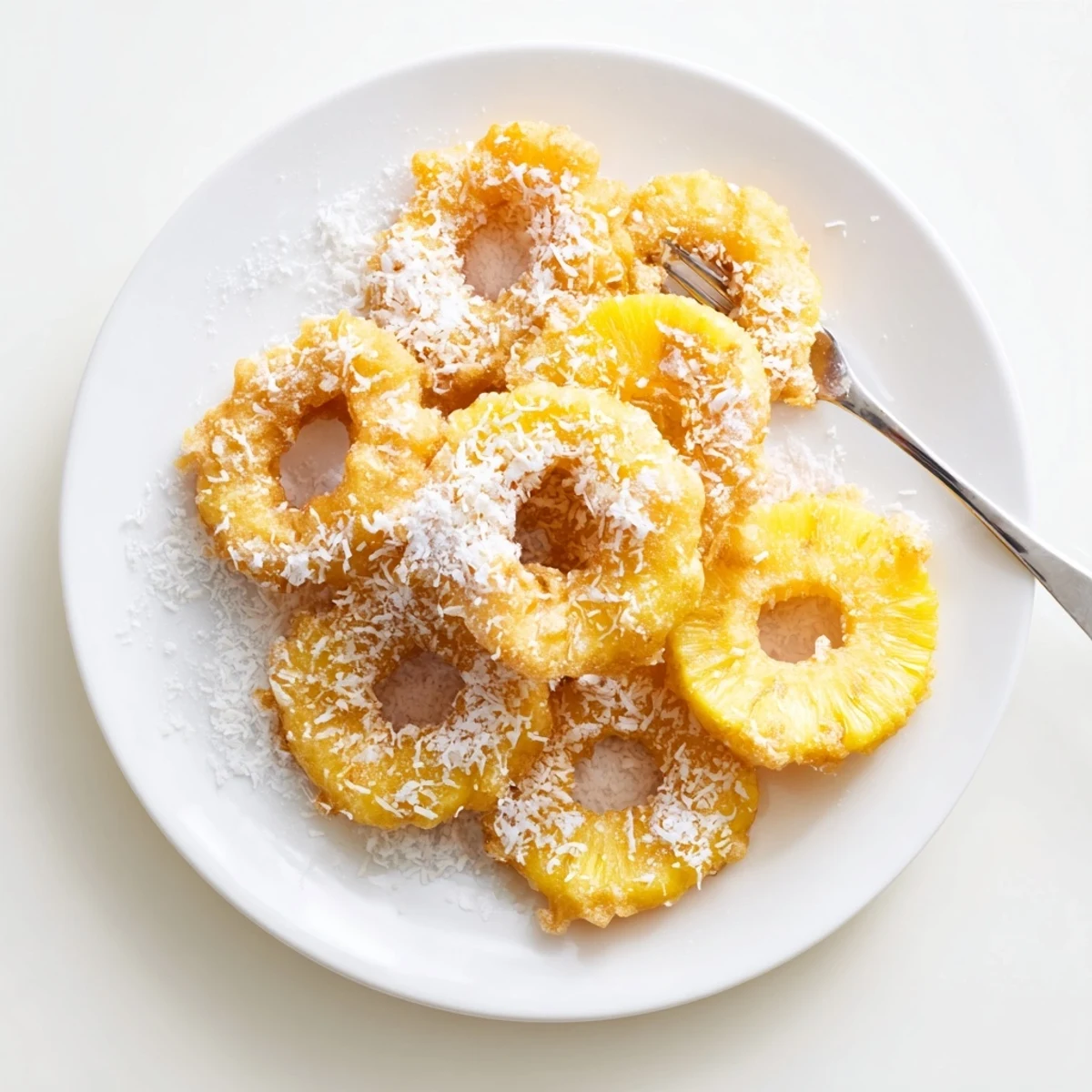 Crispy coconut battered pineapple rings fried to golden brown with sweet powdered sugar topping