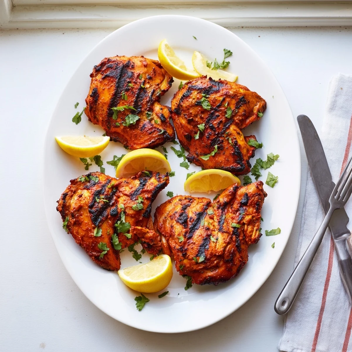 Tender Grilled Tandoori Chicken with smoky char marks and fresh cilantro garnish on a white plate